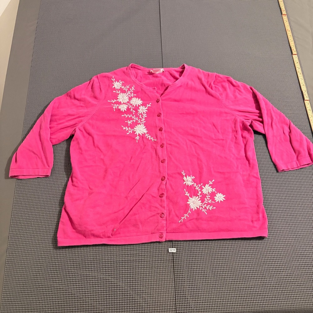 Kate Hill Woman Pink Cotton Floral Embroidered Cardigan Sweater Size 3X